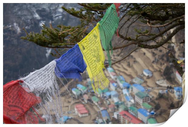 Namche Bazaar with Buddist Prayer Flags Print by Christopher Stores