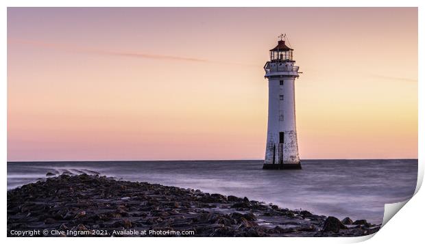 Serene Sunrise at Perch Rock Lighthouse Print by Clive Ingram