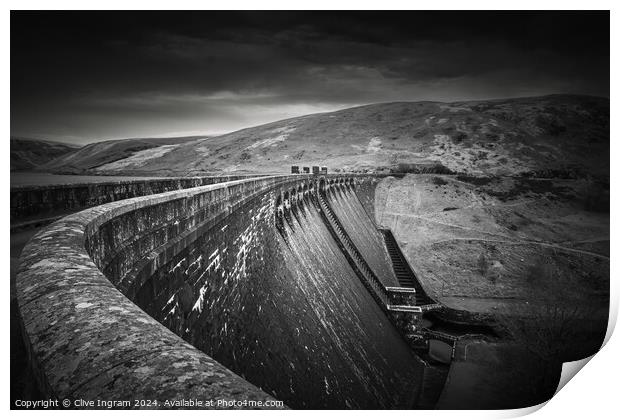 Black and white of Elan Valley dam Print by Clive Ingram