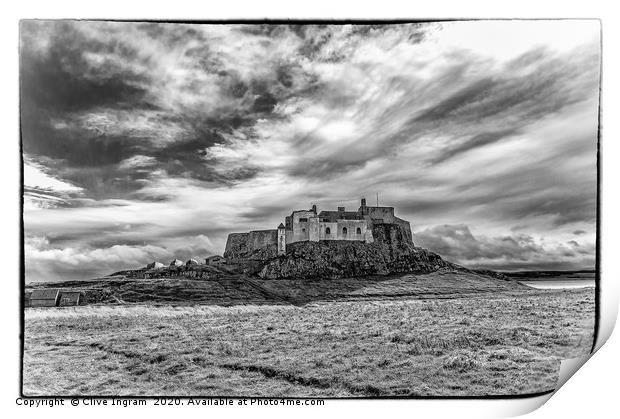 Black and white of Lindisfarne Castle Print by Clive Ingram