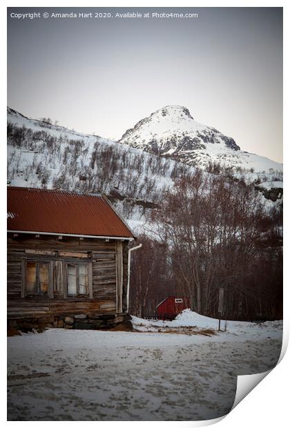 Wooden hut in the mountains in winter, Norway Print by Amanda Hart