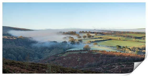 Mist clearing the fields of Cloutsham Farm, Exmoor National Park Print by Shaun Davey