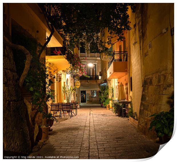 night scene in the old town of Chania from the romantic back str Print by Stig Alenäs