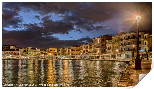 night scenery in the old venetian harbour of Chania with reflect Print by Stig Alenäs