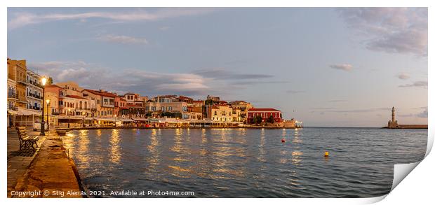 the golden hour in Chania harbour with a view of the bay and the Print by Stig Alenäs