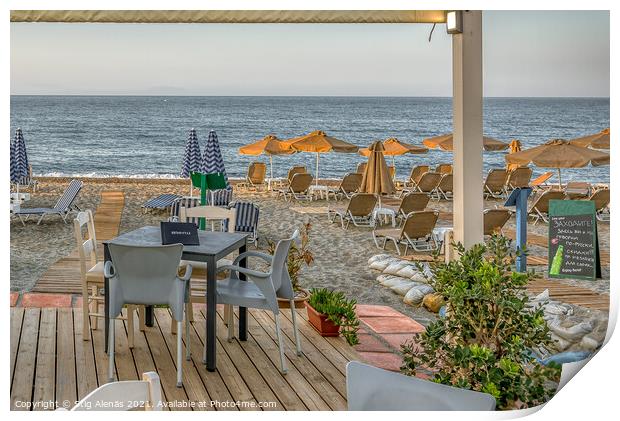 a Crete tavern on the beach with a view of the azure Mediterrane Print by Stig Alenäs