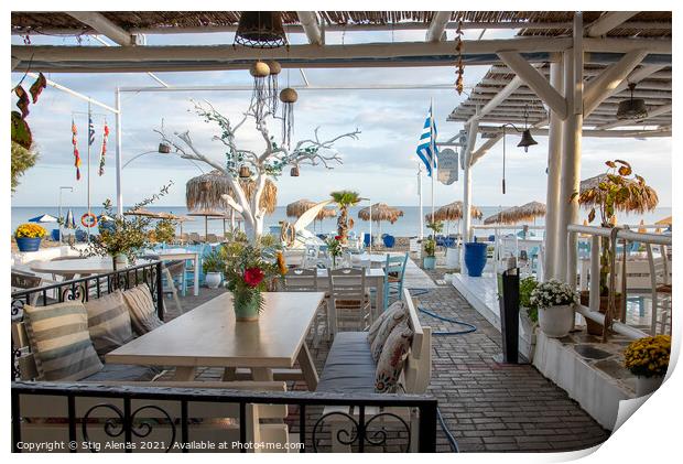 greek tavern with blue and white tables overlooking the blue Med Print by Stig Alenäs