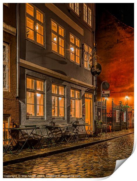 an old restaurant at night in the old town of Copenhagen Print by Stig Alenäs