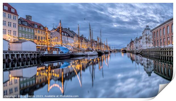 Blue hour in Copenhagen with Christmas decorations reflecting  Print by Stig Alenäs