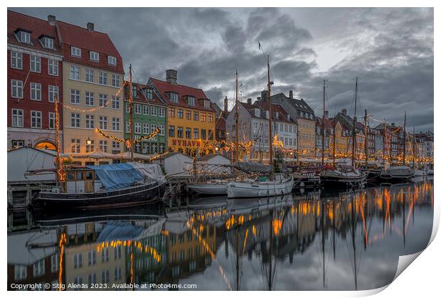 Fishing boats among glittering Christmas decorations in Copenhag Print by Stig Alenäs