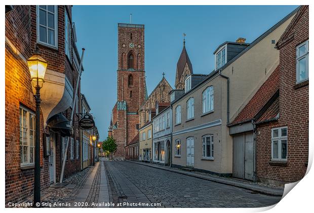 The tower of Ribe cathedral at the end of an old s Print by Stig Alenäs