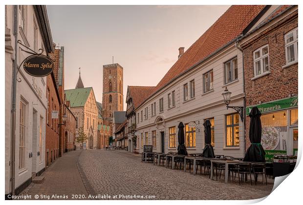 the tower of Ribe cathedral at the end of an old c Print by Stig Alenäs