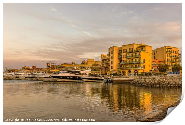At sunset in the marina, motor yachts with space f Print by Stig Alenäs