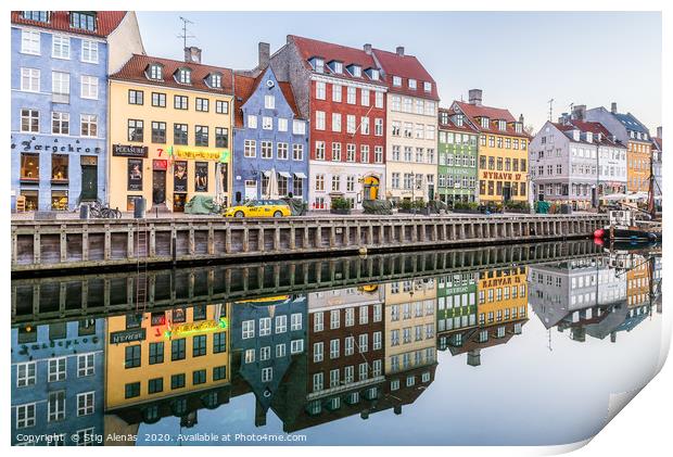 Reataurants on the quay of Nyhavn Canal reflecting Print by Stig Alenäs