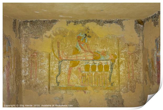 Ancient Painting of the egyptian god Anubis, balming a dead body Print by Stig Alenäs
