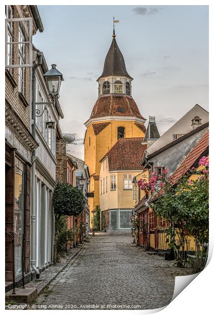 the famous belfry in Faaborg at the end of an alleyway Print by Stig Alenäs
