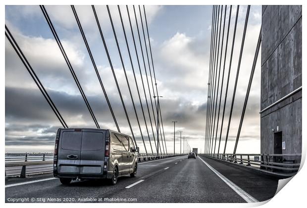 A black van driving over the Øresund Bridge betwee Print by Stig Alenäs