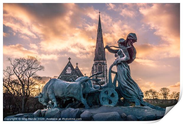 Gefion Fountain and St. Alban’s Church at sunset  Print by Stig Alenäs
