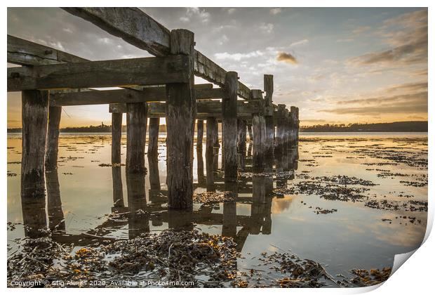 Old wooden jetty with poles reflecting in the water Print by Stig Alenäs