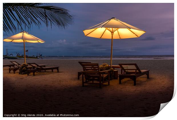 Umbrellas and sunbeds on the beach at night Print by Stig Alenäs
