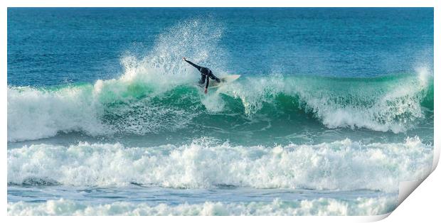 Surfer riding crest of wave, Fistral, Newquay, Cor Print by Mick Blakey