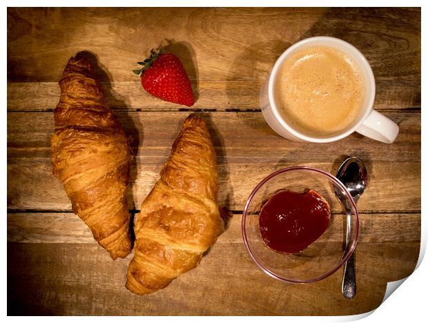 Breakfast table with coffee croissants and jam Print by Erik Lattwein