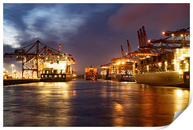 Port of Hamburg with its huge container terminals by night - CIT Print by Erik Lattwein