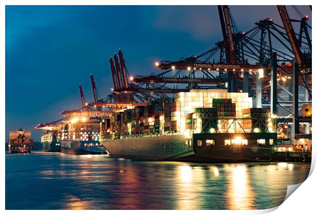 Port of Hamburg with its huge container terminals by night - CITY OF HAMBURG, GERMANY - MAY 10, 2021 Print by Erik Lattwein