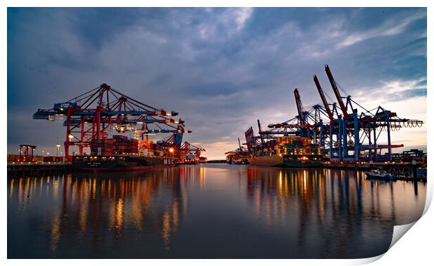 Port of Hamburg in the evening in the back light - CITY OF HAMBURG, GERMANY - MAY 10, 2021 Print by Erik Lattwein