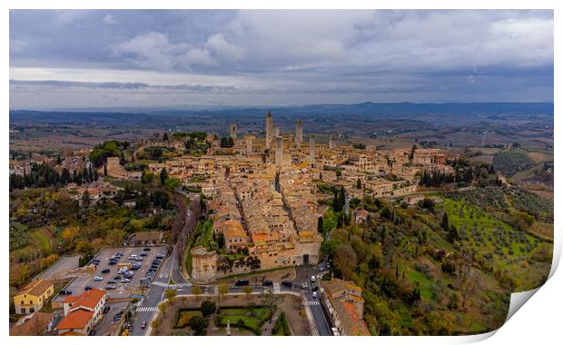 Village of San Gigmignano in Tuscany Italy - aerial view Print by Erik Lattwein