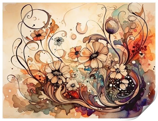 Colorful floral illustration watercolor look Print by Erik Lattwein