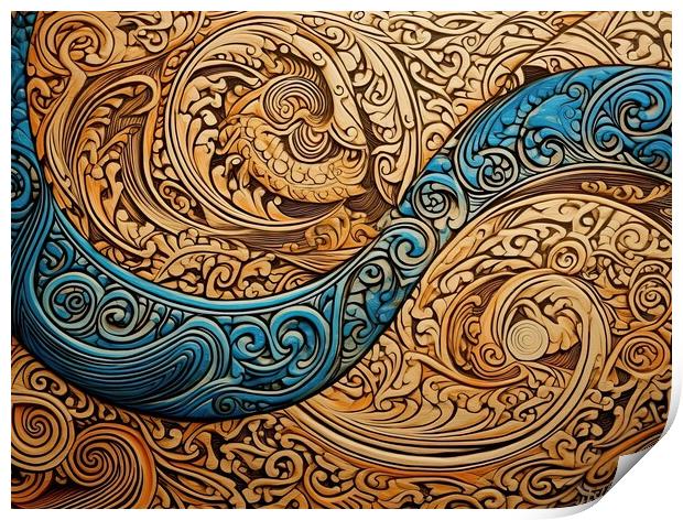 Blue wave in an intricate golden pattern Print by Erik Lattwein