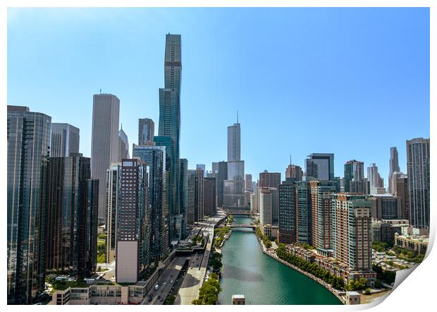 Downtown Chicago with Riverwalk aerial view - CHICAGO, USA - JUNE 06, 2023 Print by Erik Lattwein
