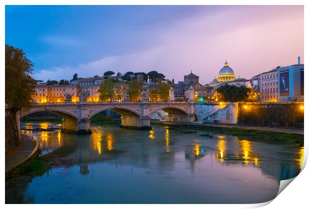 Amazing evening view over River Tiber and its brid Print by Erik Lattwein