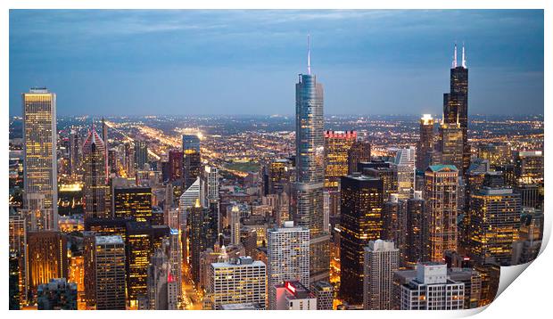 Chicago from above - amazing aerial view in the ev Print by Erik Lattwein