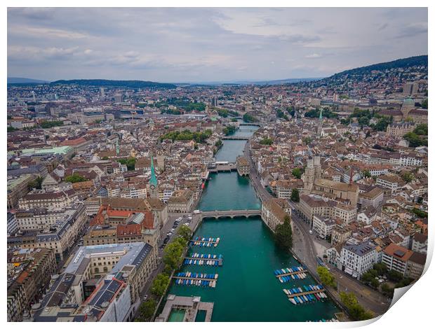 Amazing aerial view over the city of Zurich in Swi Print by Erik Lattwein