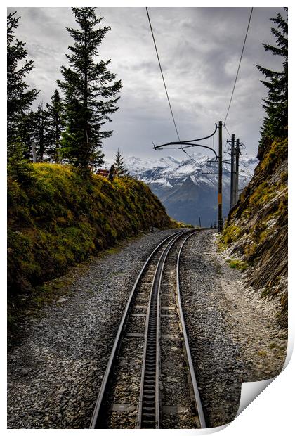 Cog railway train tracks in the Swiss Alps Print by Erik Lattwein