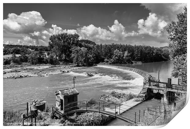 Ter river waterfall in Manlleu - Black and white Print by Jordi Carrio