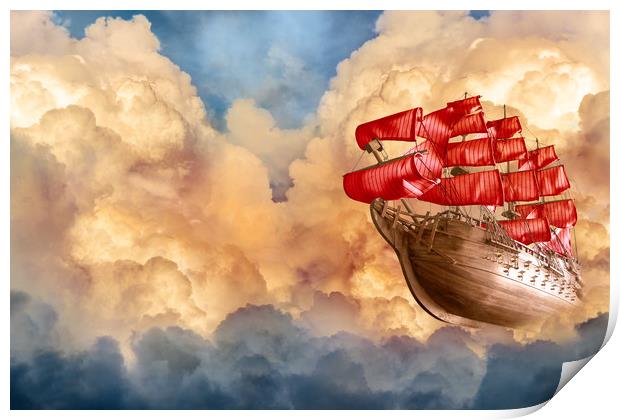 Romantic sailing ship flying in sunset clouds  Print by Svetlana Radayeva