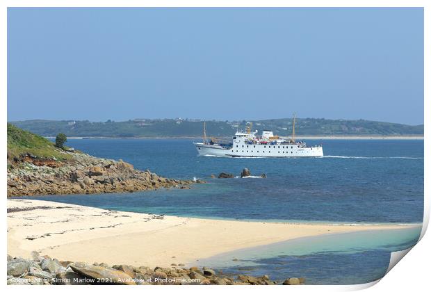 The Scillonian arriving in the Isles of Scilly past the headland Print by Simon Marlow
