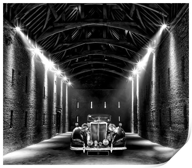 Classic MG lit up in a barn Print by Simon Marlow