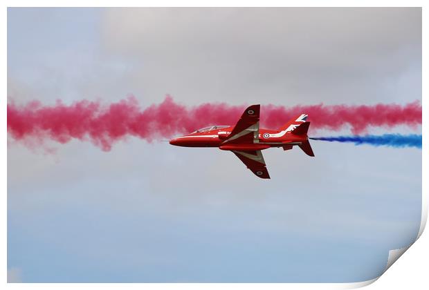 Red Arrows through blue and red smoke Print by Simon Marlow