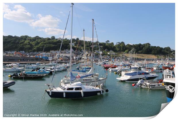 Boats in the Lyme Regis harbour moorings Print by Simon Marlow