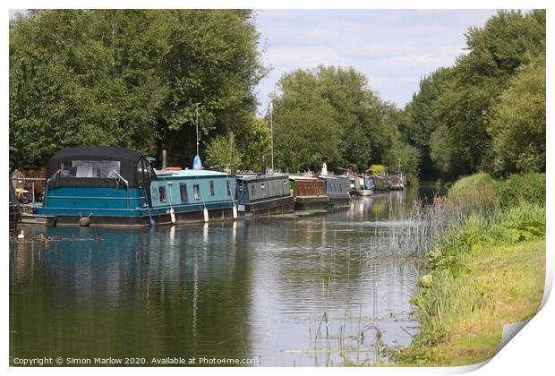 Barges moored on the Kennet and Avon Canal Print by Simon Marlow