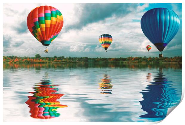 Hot Air Balloons reflecting over water Print by Simon Marlow