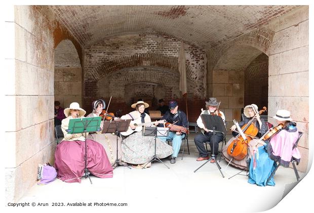 Band playing, Civil War Reenactment,fort point, San francisco Print by Arun 