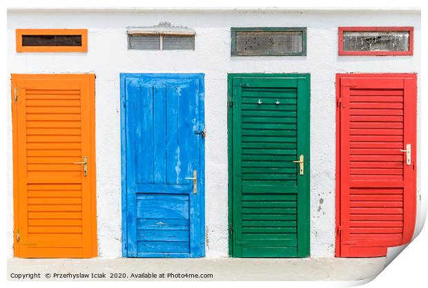 Colourful doors painted in orange, blue, green and Print by Przemek Iciak