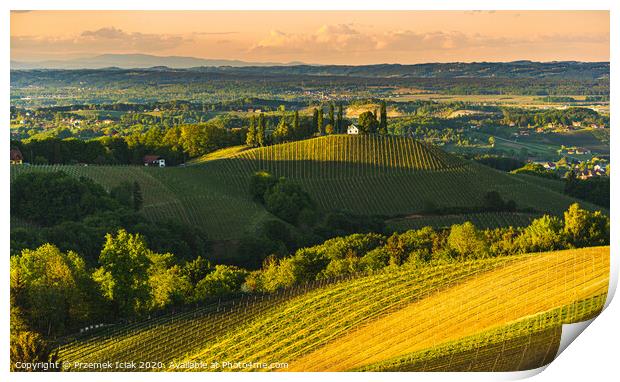 Sunset over South Styria vineyard landscape in Steiermark, Austria. Print by Przemek Iciak