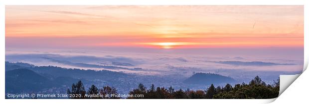 Panorama of Graz city covered if fog on autumn morning during sunraise. Print by Przemek Iciak