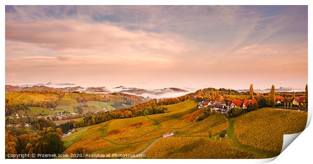 South styria vineyards landscape, near Gamlitz, Grape hills view from wine road in autumn. Print by Przemek Iciak